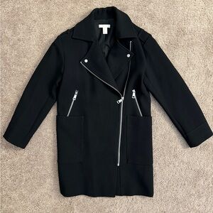 H&M Motorcycle Coat Women Size 2 Black Asymmetrical Expose Zipper MIDI Jacket